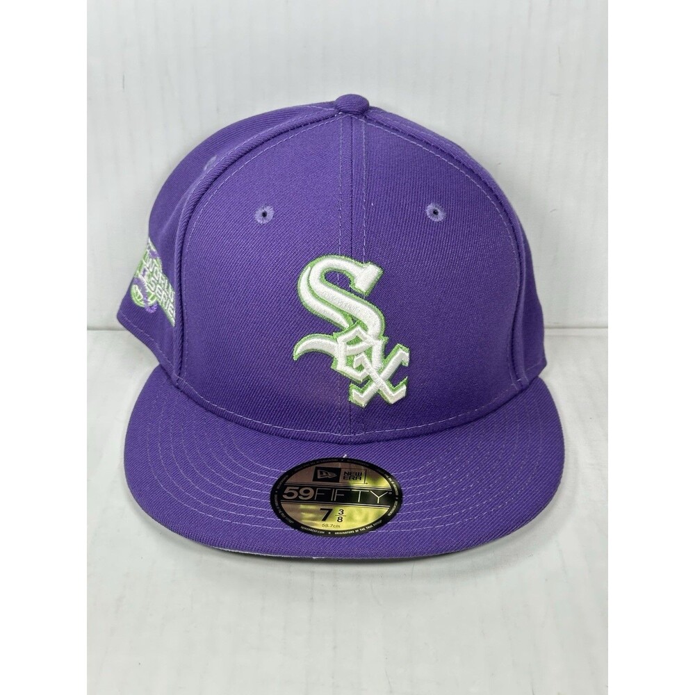 Size 7 3/8 New Era Chicago White Sox 59FIFTY Fitted Hat Purple Lime Side Patch